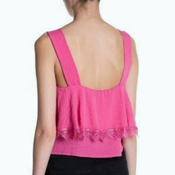 CAD lace detail popover ruffle cropped tank top blouse in raspberry pink S NEW - Picture 6 of 7